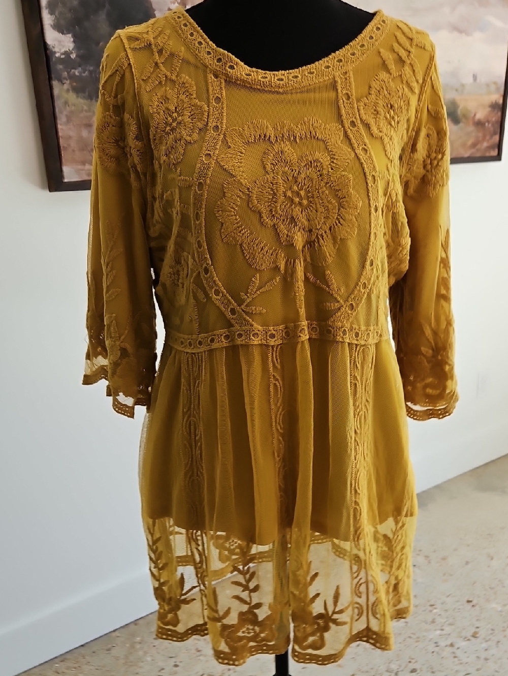 AND THE WHY Mustard Yellow Embroidered Women’s Top. Size.M